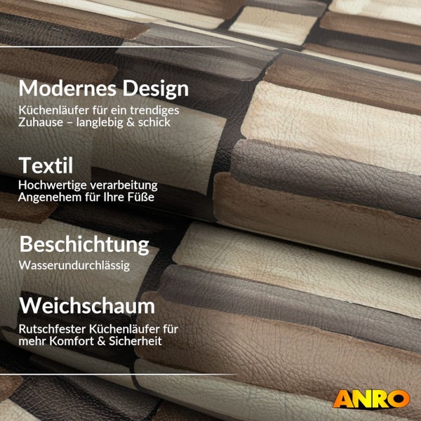 Küchenläufer mit modernem Steinmuster, wasserundurchlässiger Beschichtung und rutschfestem Weichschaum. ANRO Logo.