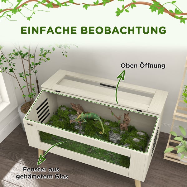 Terrarium aus Holz zur einfachen Beobachtung mit Deckelöffnung, Sichtfenster aus gehärtetem Glas und Belüftungsschlitzen. PawtHut Logo.