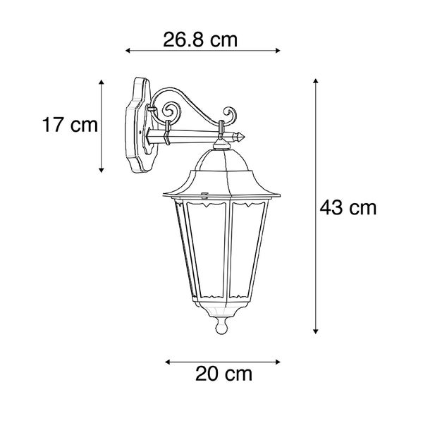 Technische Zeichnung einer Außenwandleuchte mit Maßen: Höhe 43 Zentimeter, Breite 20 Zentimeter, Tiefe 26,8 Zentimeter, Wandhalterung 17 Zentimeter.