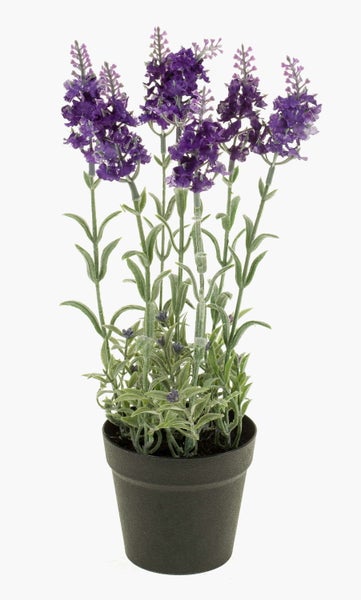 Künstlicher Lavendel im schwarzen Topf mit violetten Blüten und grünen Blättern.