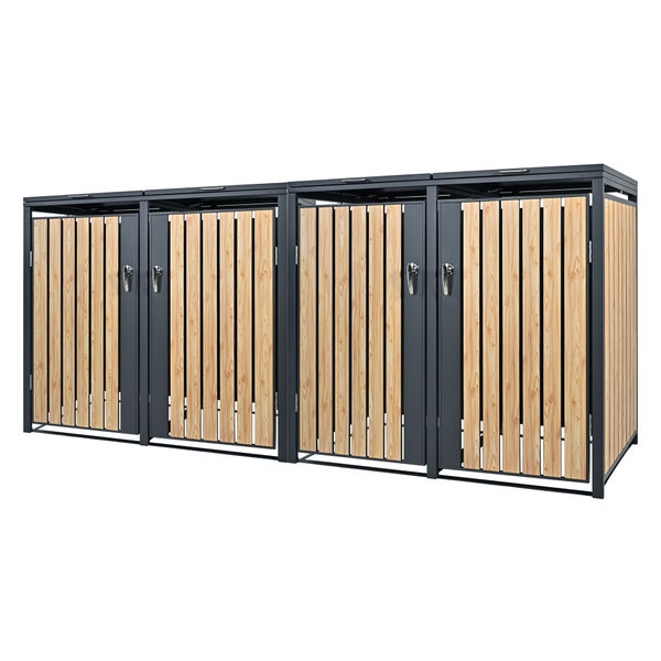 ML-Design Mülltonnenbox 4er 4 Tonnen 240L 264x80x116,3cm Anthrazit-Lärchenoptik, Stahl wetterfest/abschließbar Mülltonnenverkleidung Klappdeckel/4 Türen, Müllbox Mülltonnecontainer Mülltonnenabdeckung