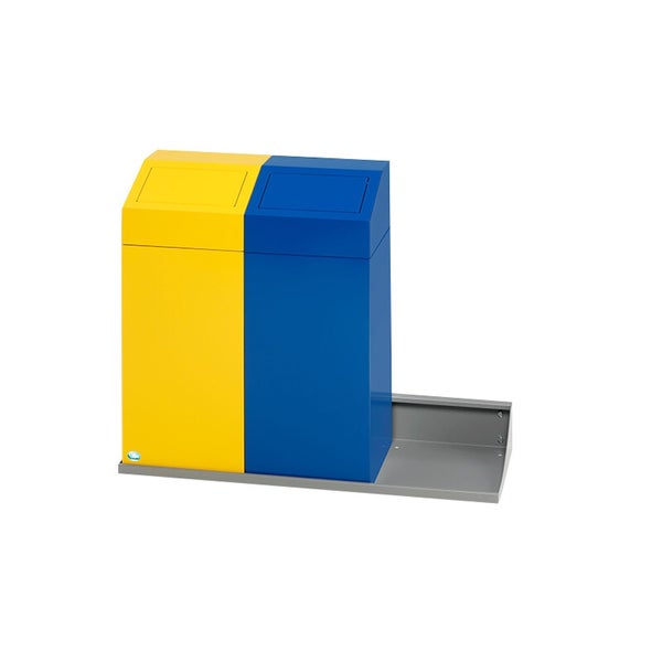 Abfalltrennsystem aus Metall mit gelbem und blauem Behälter auf grauer Bodenplatte.