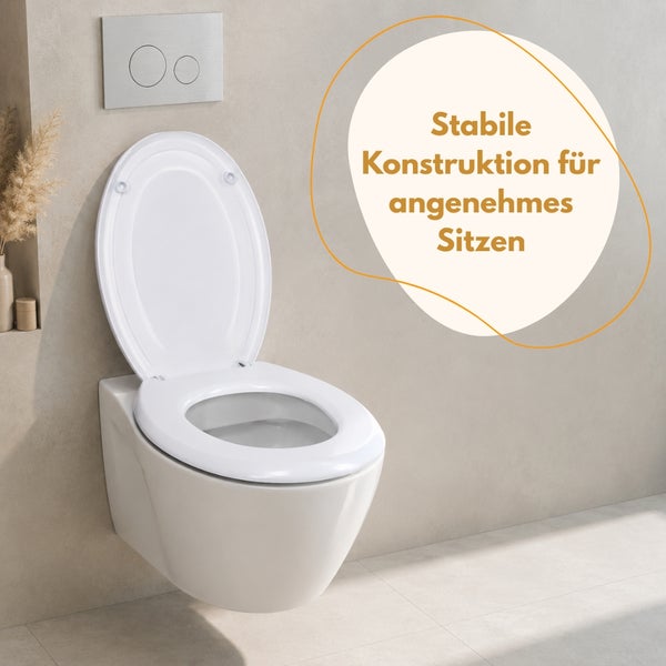 Wand-WC aus weißer Keramik mit geöffnetem WC-Sitz, stabile Konstruktion für angenehmes Sitzen in modernem Badezimmer.