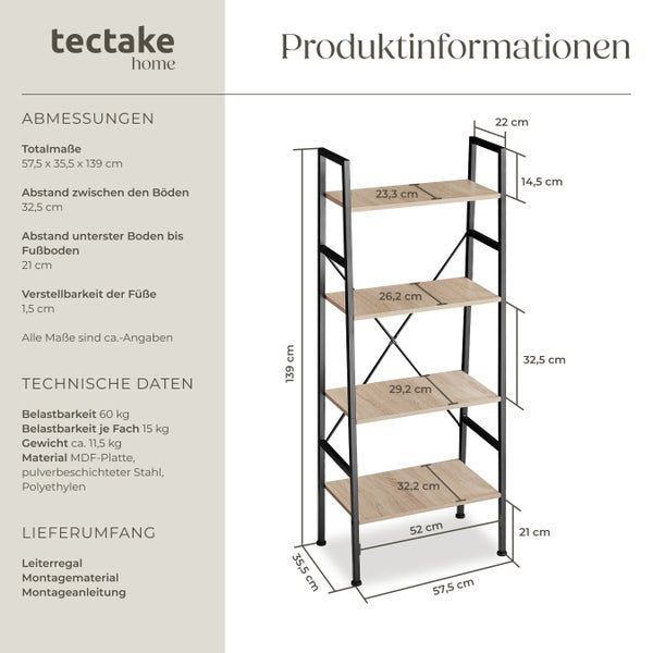 Leiterregal tectake Newcastle inklusive Kippschutz, 57,5 x 35,5 x 139 cm Industrial Style Industrial Holz hell, Eiche Sonoma