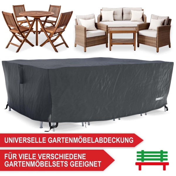 Universelle Gartenmöbelabdeckung passend für verschiedene Gartenmöbelsets wie Essgruppen aus Holz und Lounge-Möbel.