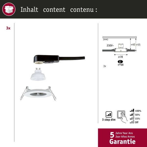 3 LED-Einbaustrahler mit Montagezubehör, Maßen in Millimeter, 3-Stufen-Dimmfunktion und 5 Jahren Garantie.