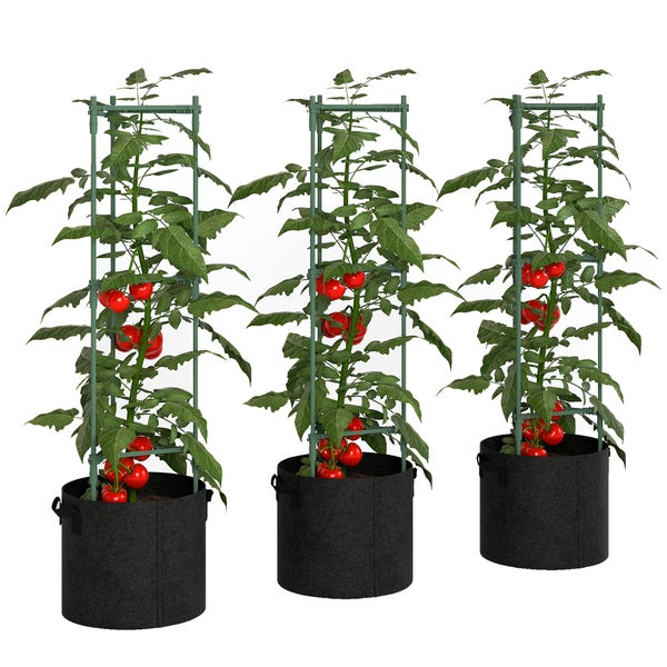 PE-beschichtete Pflanzenstütze aus Stahl für Tomaten und Blumen, rostfrei und stabil, in schwarzen Pflanztaschen.