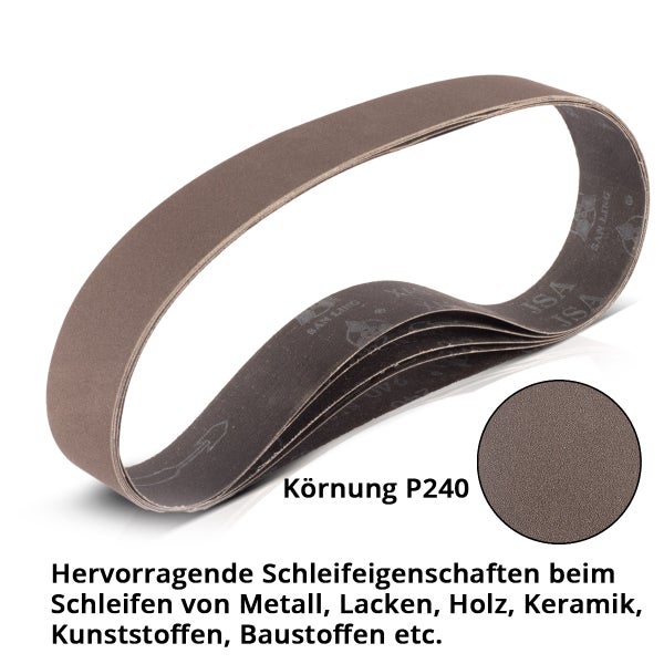 Schleifband Körnung P240 für Metall, Lack, Holz, Keramik, Kunststoff und Baustoffe.