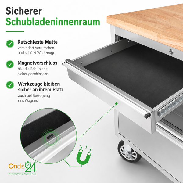 Offene Schublade eines Edelstahl-Werkstattwagens von Ondis24 mit rutschfester Matte, Magnetverschluss und Holzarbeitsplatte.