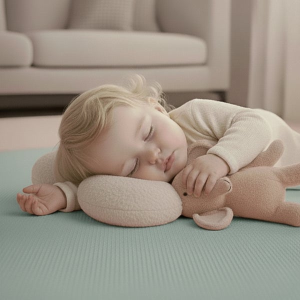 Schlafendes Baby auf einer weichen, strukturierten Schaumstoff-Spielmatte in einem hellen Raum.