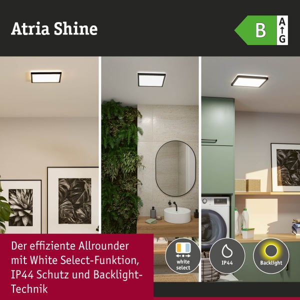 LED-Deckenleuchte Atria Shine, Energieeffizienzklasse B, mit einstellbarer Lichtfarbe, Backlight und IP44 Schutz in Wohnraum, Bad und Waschküche.