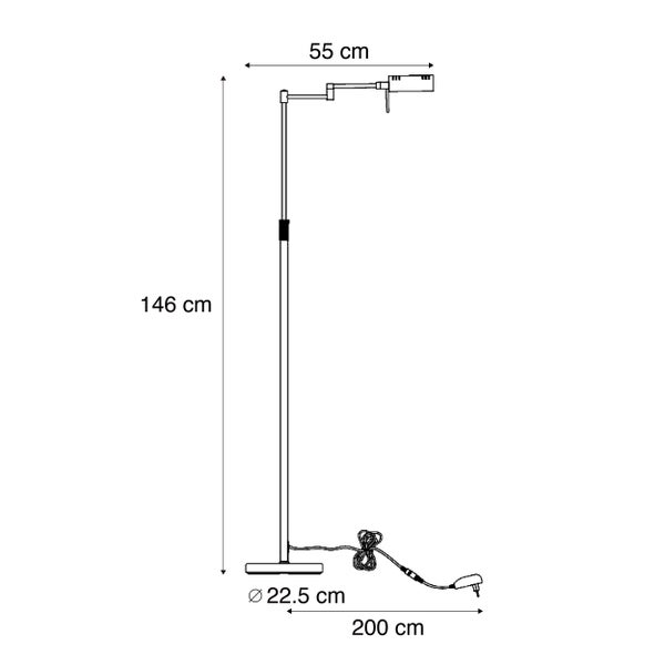 Maßzeichnung einer Stehlampe: Höhe 146 Zentimeter, Ausladung 55 Zentimeter, Fußdurchmesser 22,5 Zentimeter und Kabellänge 200 Zentimeter.
