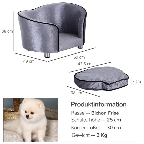 PawHut Hundesofa Luxus Haustiersofa mit Kissen Katzensofa erhöhtes Hundebett<br />Hundecouch Tierbett Plüsch Tannenholz Hellgrau 69 x 49 x 38 cm