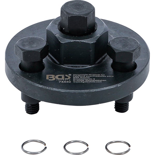 BGS Technic Bremskolbenrücksteller aus schwarzem Metall mit kreisförmiger Platte, zentraler Schraube und drei Sicherungsringen.