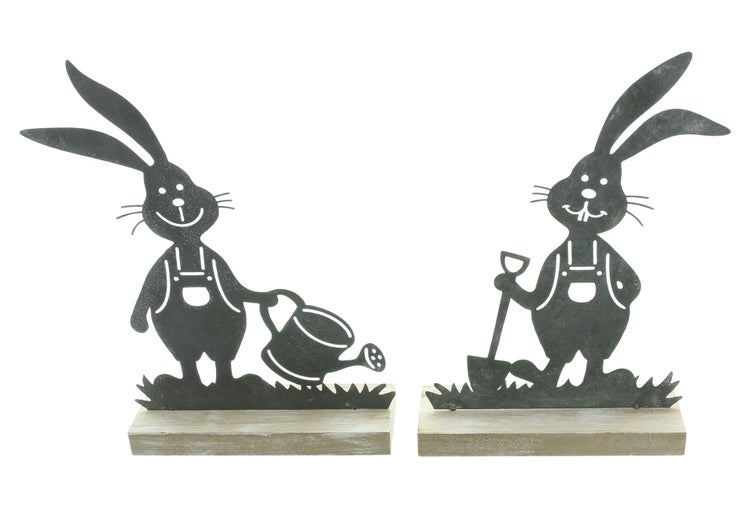 FRANK FLECHTWAREN | Hase Gartenarbeit, 2er Set, METALL, MDF, 14,5 x 5 x 21,5 cm, 18 x 5 x 22 cm