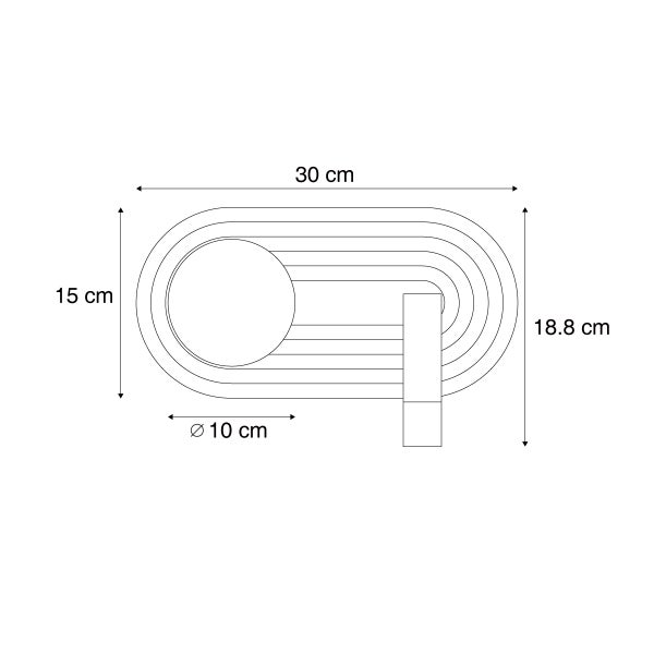 Technische Zeichnung einer Wandleuchte mit Maßangaben von 30 cm Länge und 15 cm beziehungsweise 18,8 cm Breite sowie einem Durchmesser von 10 cm.