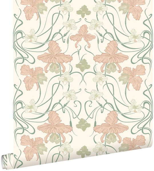 ESTAhome Tapete Blumenmuster im Jugendstil Crême-Weiß, Hellrosa und Graugrün - 53 cm x 10.05 m - 139666