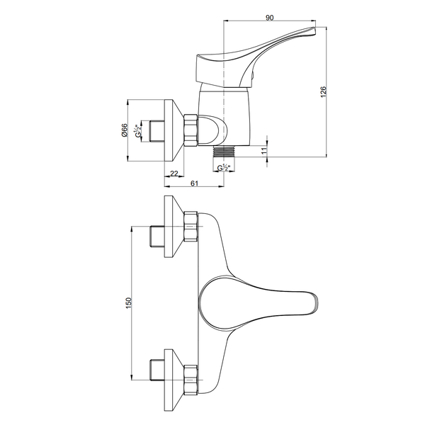 Technische Zeichnung einer Armatur mit Maßangaben.