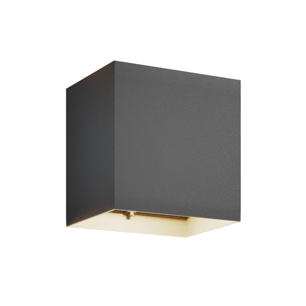 Würfelförmige Außenwandleuchte aus Metall in Anthrazit mit Lichtschein nach unten.