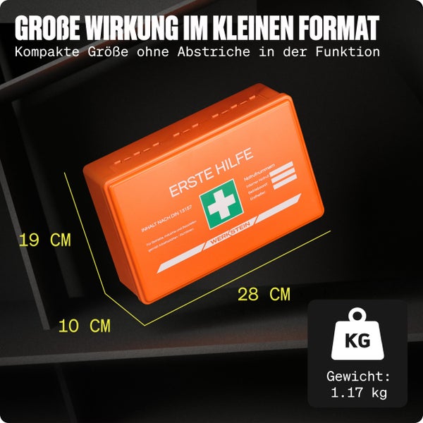 Erste Hilfe Kasten DIN 13157:2021 Small - Inkl. praktischer Wandhalterung, 3x Aufkleber, Gesichtsmasken & Feuchttücher - Verbandskasten DIN 13157 für Betriebe, Einrichtungen & Zuhause Orange