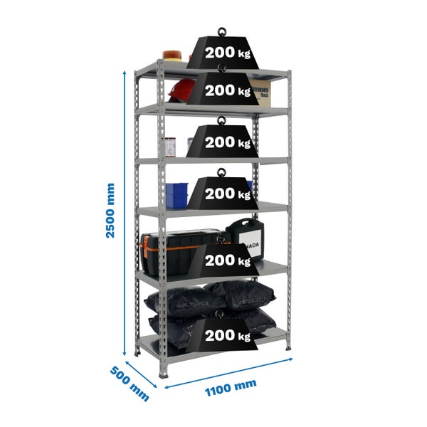 PROREGAL Schwerlastregal Giant Metal Shark HxBxT 250 x 110 x 50 cm Fachlast 200 kg Grau