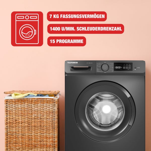 Telefunken Waschmaschine 7kg 1400 U/Min. Frontlader Inverter Motor AquaStop 15 Programme W-7-1400-A-DI