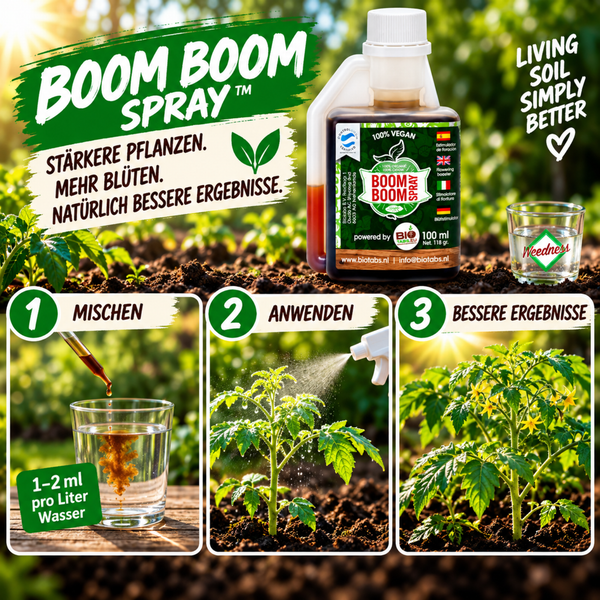 Biotabs Boom Boom Spray Pflanzennährstoff mit Anleitung zur Dosierung und Anwendung für kräftigeres Pflanzenwachstum.