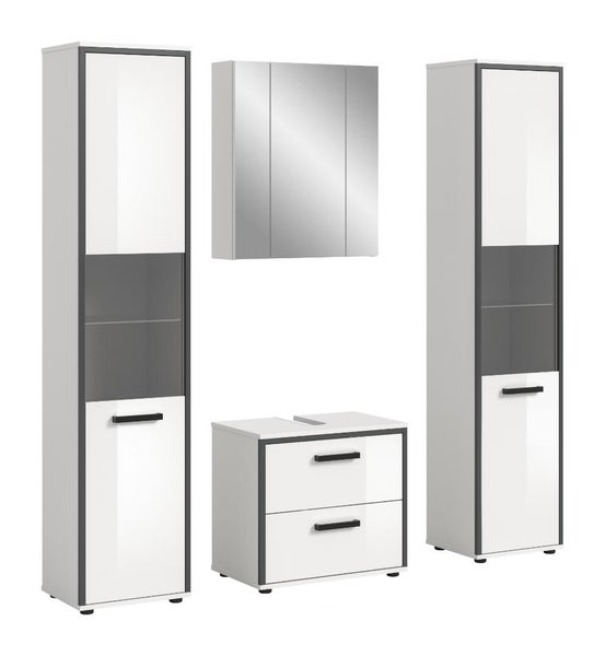 Modernes Badezimmermöbel-Set bestehend aus zwei Hochschränken mit Glaselementen, einem Waschbeckenunterschrank und einem Spiegelschrank.