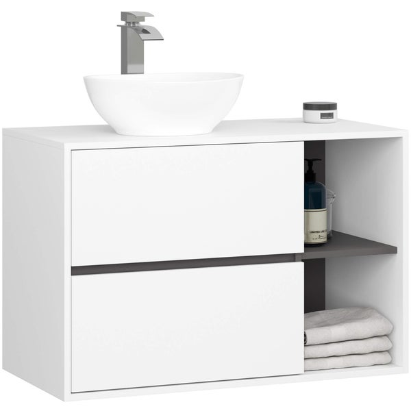 Waschbeckenunterschrank mit Aufsatzwaschbecken, Armatur und zwei Schubladen