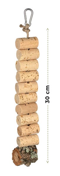 Vogelspielzeug aus Kork und Rinde mit Karabinerhaken zum Aufhängen, Länge 30 Zentimeter.