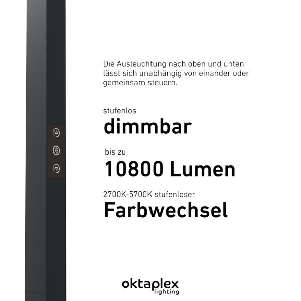 Büro Stehleuchte Alva LED dimmbar 10800 Lumen 2700K-5700K Aluminium Stehlampe schwarz 80W Arbeitsleuchte mit Präsenzsensor Touch-Panel