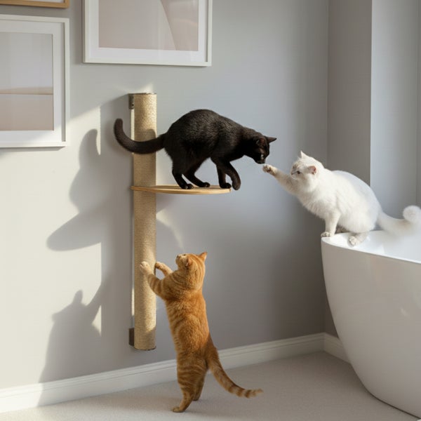 Wandkratzbaum mit Sisalstamm und Liegeplattform zur Wandmontage in einem Wohnraum mit spielenden Katzen.