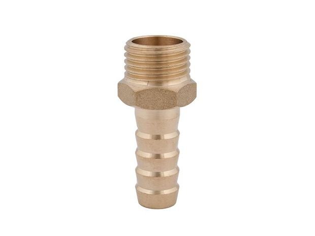 Schlauchtülle aus Messing mit Außengewinde und Sechskant.