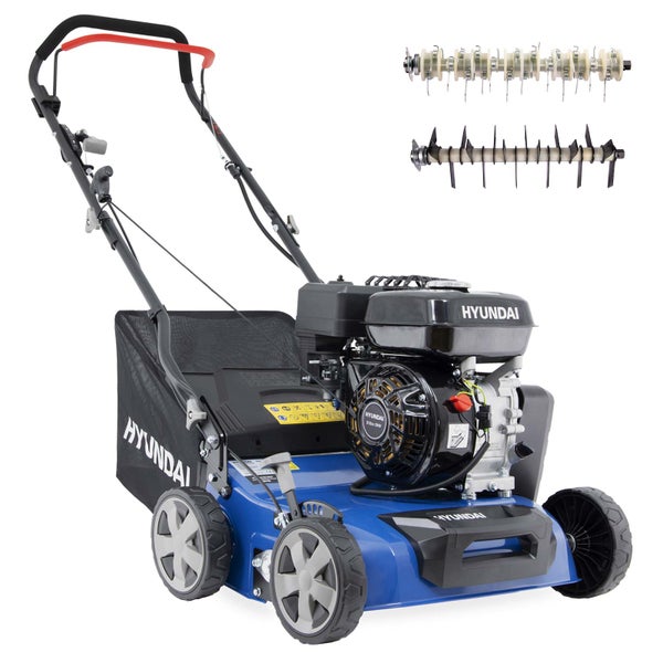 Hyundai Benzin Vertikutierer mit 212 Kubikzentimeter Motor inklusive Vertikutierwalze und Lüfterwalze sowie Fangsack.