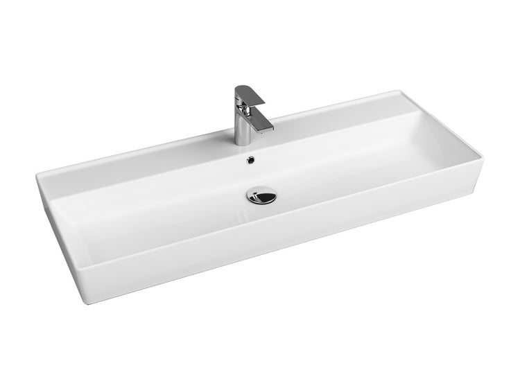 Rechteckiges Aufsatzwaschbecken aus Keramik mit Armatur