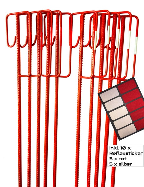 Absperrleinenhalter rot 1200 mm lang + 10 Reflexsticker / Reflexfolie rot/weiß