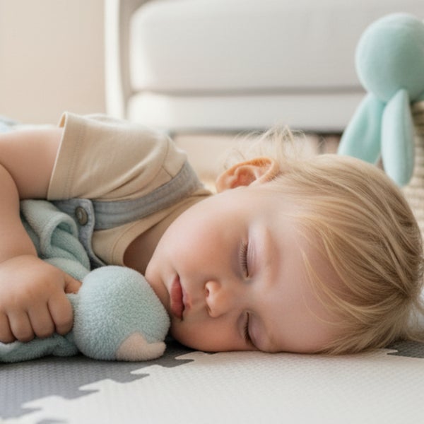 Ein schlafendes Baby auf einer weichen Schaumstoff-Puzzlematte im Kinderzimmer.