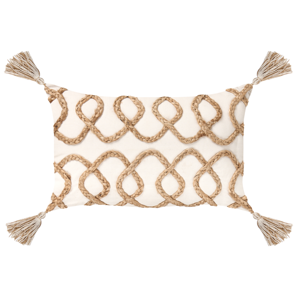 Rechteckiges Dekokissen mit Zierkordel und Quasten an den Ecken