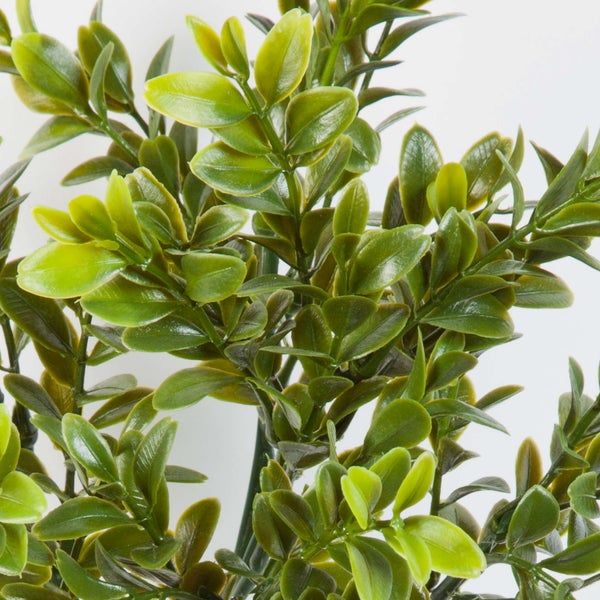 Nahaufnahme von künstlichen Buchsbaumblättern aus Kunststoff.