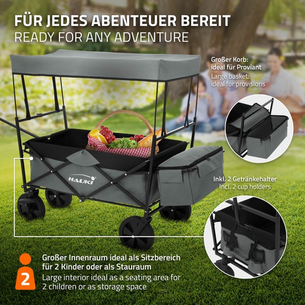 Hauki Bollerwagen L faltbar mit Dach, Grau, Handwagen klappbar, Transportwagen für Kinder, Gerätewagen inkl. 2x Netztaschen und 1x Außentasche, Vorderrad-Bremse, bis 80 kg, Transportkarre Kinderwagen