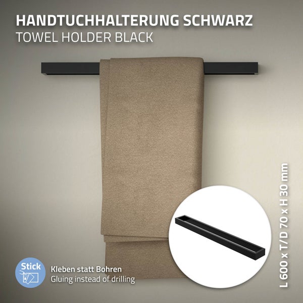 ML-Design Handtuchhalter ohne Bohren 60 cm, Schwarz, aus Stahl, Wandmontage, Badetuchhalter Wand zum kleben für Badezimmer & Küche, Modern, Handtuchstange Wandhalter selbstklebend für Handtücher