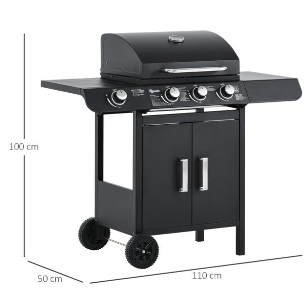 Outsunny Gasgrill, BBQ Grillwagen, mit 3 Brennern, 1 Seitenbrenner, 110 x 50 x 100 cm, DruckmindererStahl, Schwarz