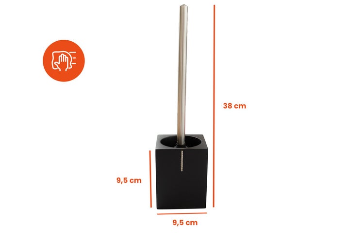 WC-Bürstengarnitur in Schwarz mit Soft-Touch-Oberfläche, Höhe 38 Zentimeter, Breite 9,5 Zentimeter, Tiefe 9,5 Zentimeter.