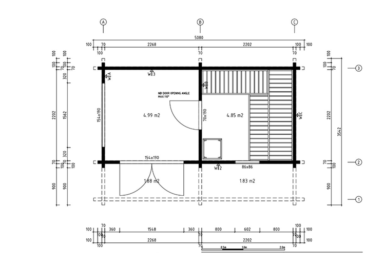 Technischer Grundrissplan für ein Gartenhaus mit Raumaufteilung und Maßangaben in Millimetern.