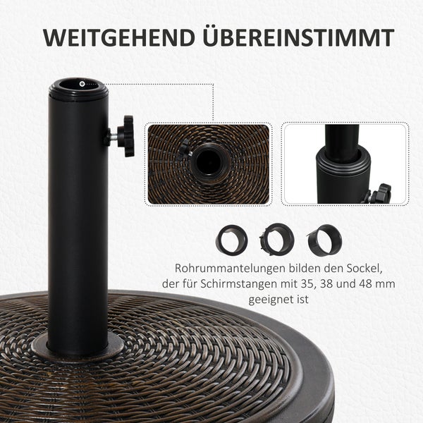 Sonnenschirmständer mit Standrohr, Feststellschraube und drei Adapterringen für Schirmstangen mit 35, 38 und 48 Millimetern Durchmesser.