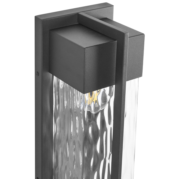 Moderne Außenwandleuchte aus anthrazitfarbenem Metall und strukturiertem Glas in rechteckigem Design.