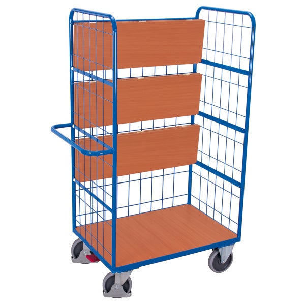 Blauer Etagenwagen mit drei Holzböden und Gitterstruktur