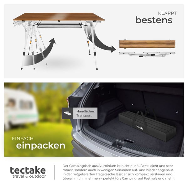 Klappbarer Campingtisch mit Tischplatte in Holzoptik, Aluminiumgestell und Tragetasche im Kofferraum. tectake travel & outdoor Logo.