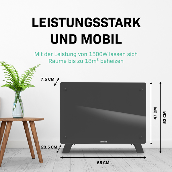 Vonroc Konvektor Heizgerät mit Abmessungen im Raum