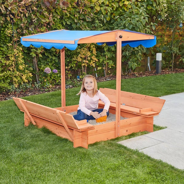 Home Deluxe - Sandkasten BUDDELKISTE - Mit verstellbarem Dach und Bodenplane - Maße: 110 x 110 x 110 cm - inkl. komplettem Montagematerial I Sandspielkasten Holzsandkasten Sandspielzeug